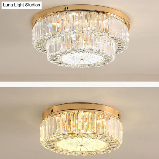 Modern Led Flush Ceiling Lamp With Clear Crystal Drum Shape For Living And Dining Room Lighting