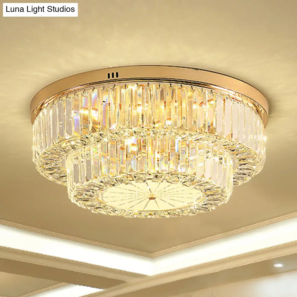 Modern Led Flush Ceiling Lamp With Clear Crystal Drum Shape For Living And Dining Room Lighting Gold
