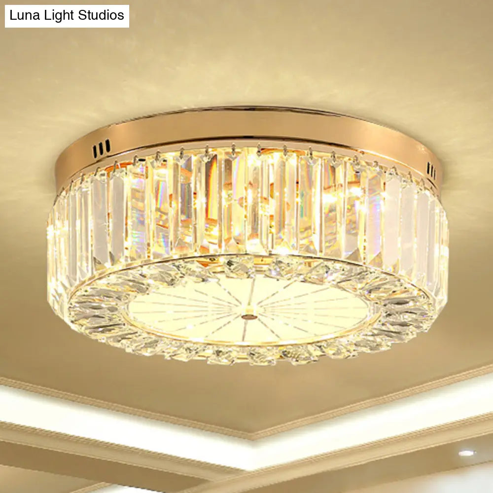 Modern Led Flush Ceiling Lamp With Clear Crystal Drum Shape For Living And Dining Room Lighting Gold