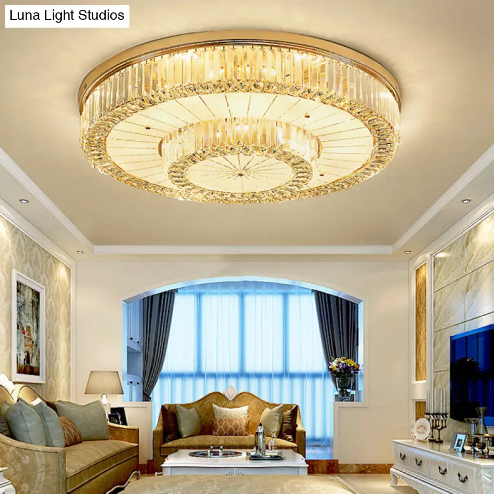 Modern Led Flush Ceiling Lamp With Clear Crystal Drum Shape For Living And Dining Room Lighting