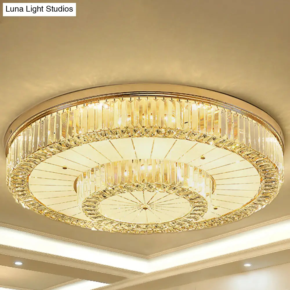 Modern Led Flush Ceiling Lamp With Clear Crystal Drum Shape For Living And Dining Room Lighting Gold