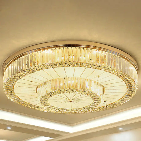 Modern Led Flush Ceiling Lamp With Clear Crystal Drum Shape For Living And Dining Room Lighting