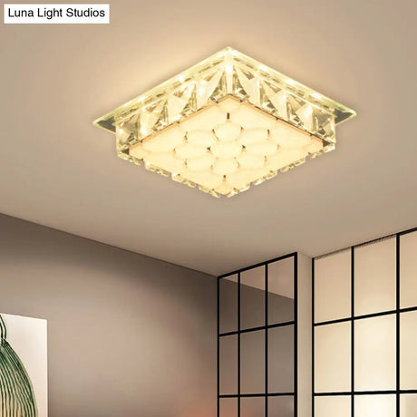Modern Led Flush Mount Bedroom Ceiling Light With Etched Petal Design And Clear Crystal Shade