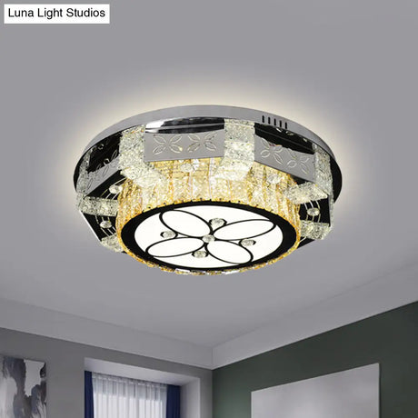Modern Led Flush Mount Ceiling Light Fixture With Crystal Block Drum Shade In Nickel - Flower/Four