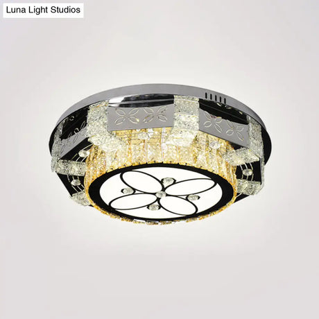 Modern Led Flush Mount Ceiling Light Fixture With Crystal Block Drum Shade In Nickel - Flower/Four
