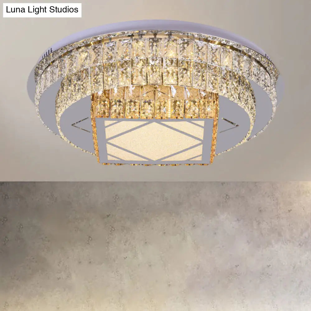 Modern Led Flush Mount Ceiling Light With Clear Cut Crystals And Stainless - Steel Design
