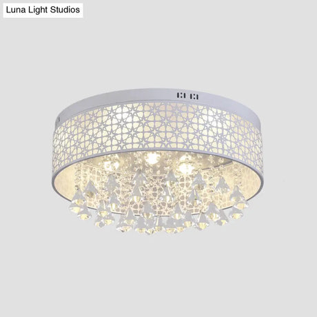 Modern Led Flush Mount Ceiling Light With Crystal Droplet - White Drum Design