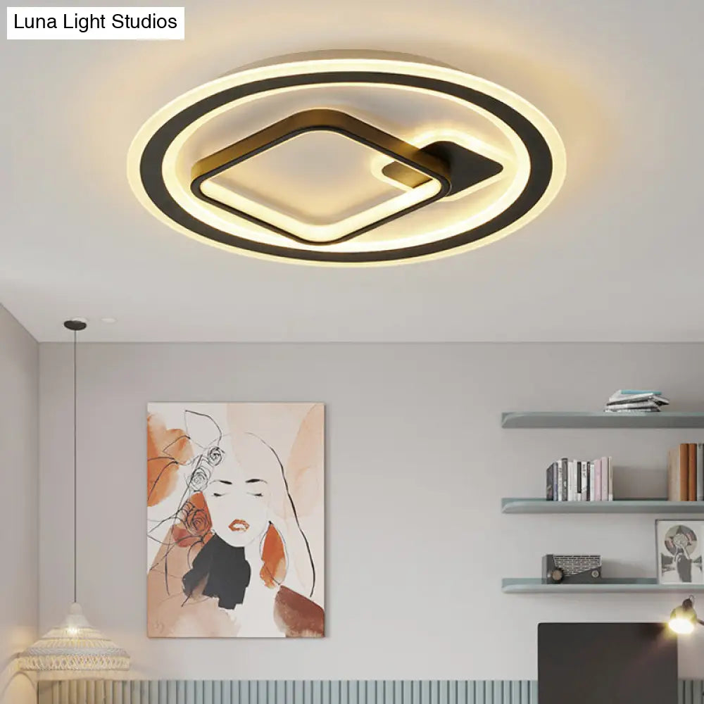 Modern Led Flush Mount Lamp In Black - Round/Square Hotel Ceiling Fixture Aluminum Design With
