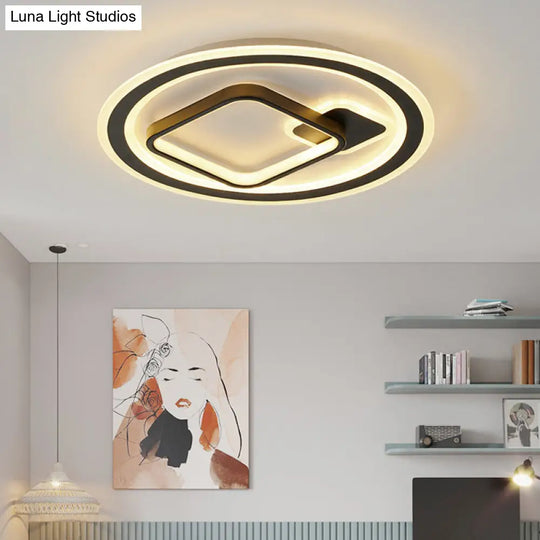 Modern Led Flush Mount Lamp In Black - Round/Square Hotel Ceiling Fixture Aluminum Design With