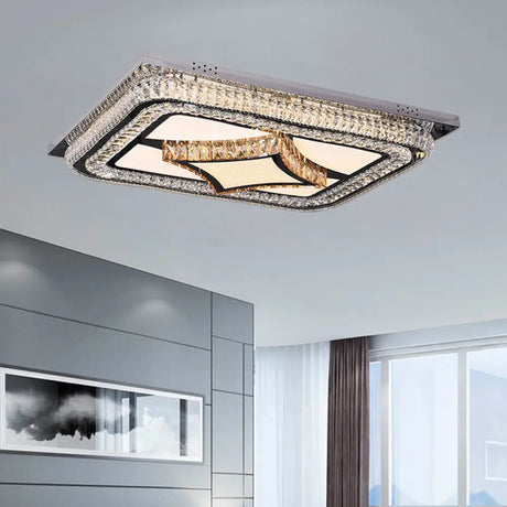 Modern Led Flushmount Ceiling Fixture With Stainless - Steel Frame And Clear Crystal Blocks