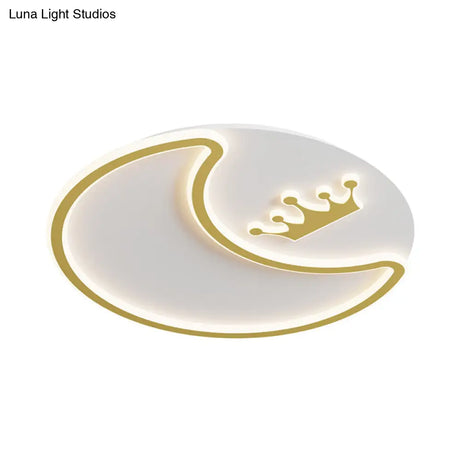 Modern Led Gold Ceiling Fixture - Crescent And Crown Design Flush Mount Light With Acrylic Shade