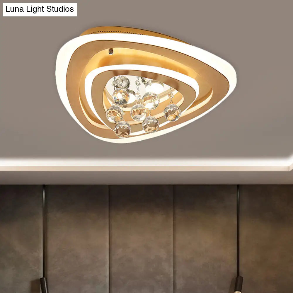 Modern Led Gold Flush Mount Lamp With Crystal Shade - Triangle/Round/Loving Heart Design