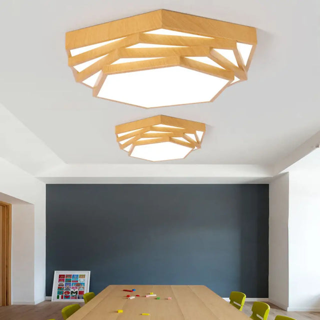 Modern Led Office Chandelier With Hexagonal Spiral Design - Light Wood Finish