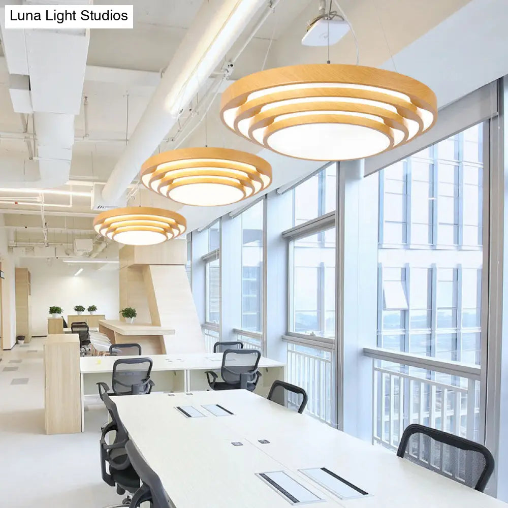 Modern Led Pendant Light: Stylish Multi-Layer Wood Design 1-Light Office Ceiling Fixture In