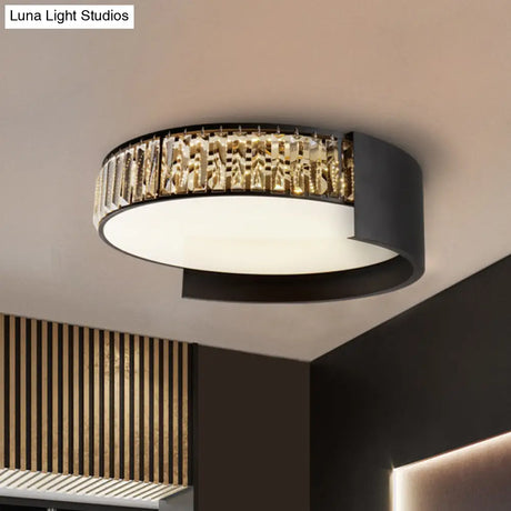 Modern Led Round Flush Mount Ceiling Lamp In Black With Crystal Blocks - White/Warm Light