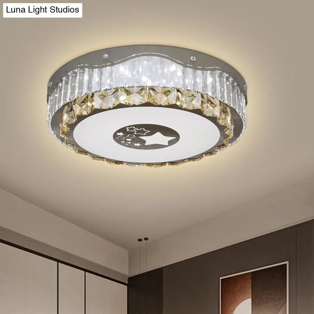 Modern Led Stainless-Steel Flush Mount Ceiling Light With Clear Crystal Blocks- Bedroom Ready