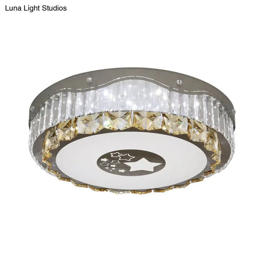Modern Led Stainless-Steel Flush Mount Ceiling Light With Clear Crystal Blocks- Bedroom Ready