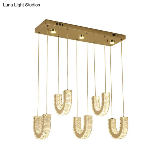 Led U-Shape Pendant Lamp With Modern Stainless-Steel Finish And Clear Rectangular-Cut Crystals
