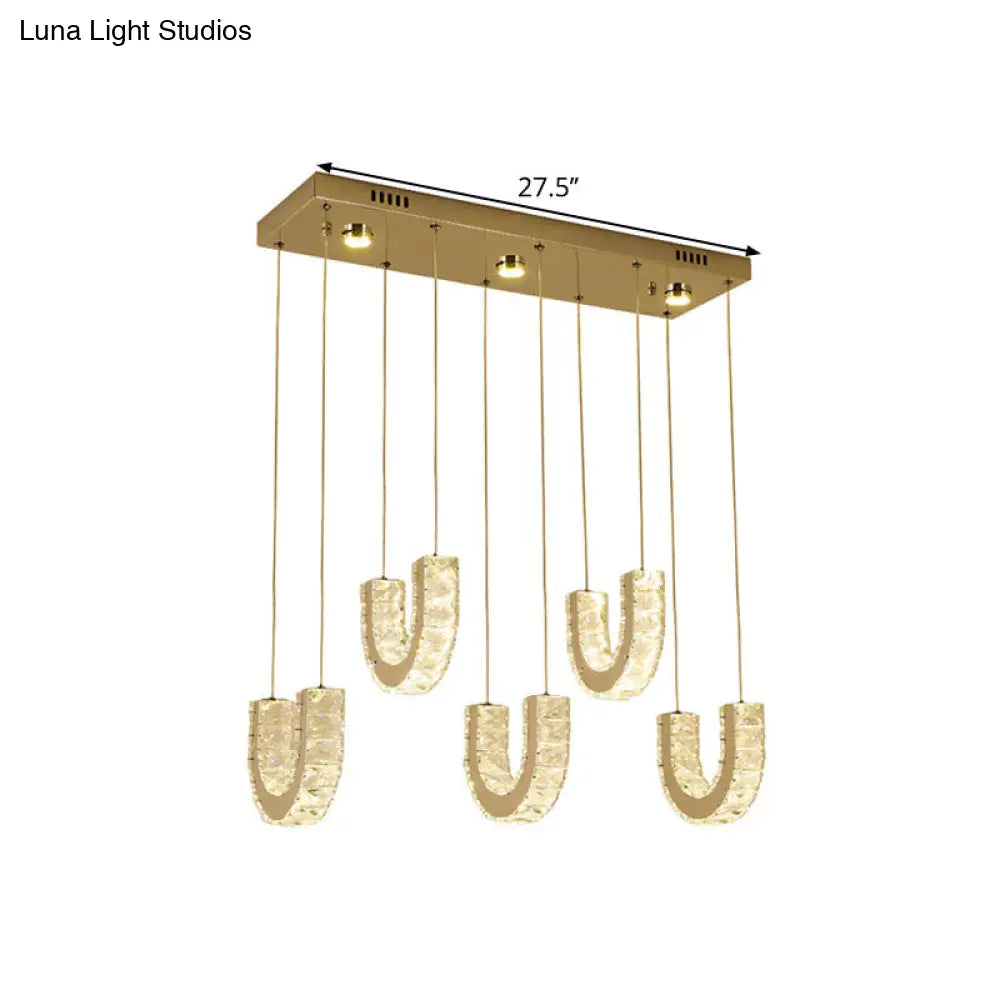 Led U-Shape Pendant Lamp With Modern Stainless-Steel Finish And Clear Rectangular-Cut Crystals