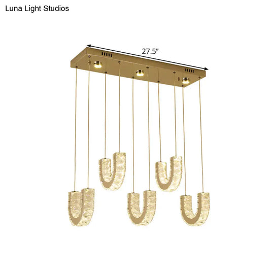 Led U-Shape Pendant Lamp With Modern Stainless-Steel Finish And Clear Rectangular-Cut Crystals