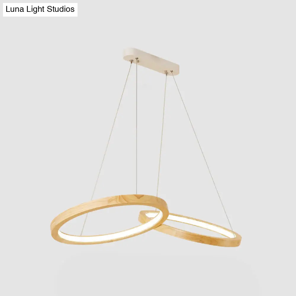 Modern Led Wooden Ring Chandelier Light - Beige For Dining Room