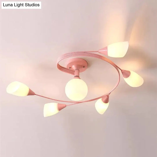 Modern Macaron Twist Semi-Flushmount Ceiling Light For Kitchen Opal Glass And Metal 6 / Pink