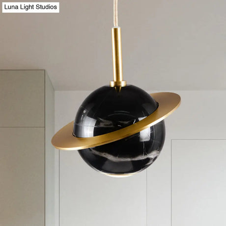 Modern Marble Sphere Ceiling Light: White/Black/Green Led Pendant Lamp With Trapped Ring