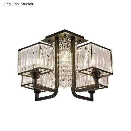 Modern Metal And Clear Crystal Semi Flush Light - Black Cubic Ceiling Mounted Fixture