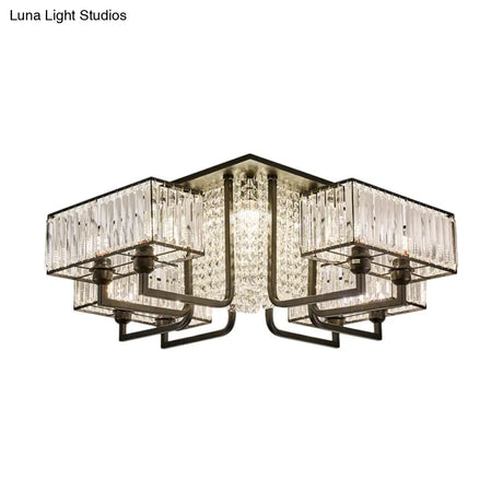Modern Metal And Clear Crystal Semi Flush Light - Black Cubic Ceiling Mounted Fixture