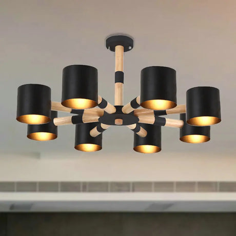 Modern Metal And Wood Cylinder Hanging Lamp For Living Room Black