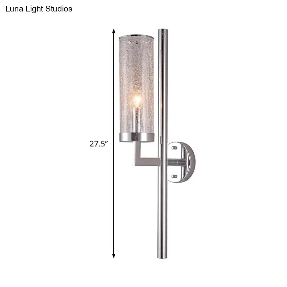 Modern Metal Armed Wall Lamp With Crackle Glass Shade - Chrome Sconce Light Fixture