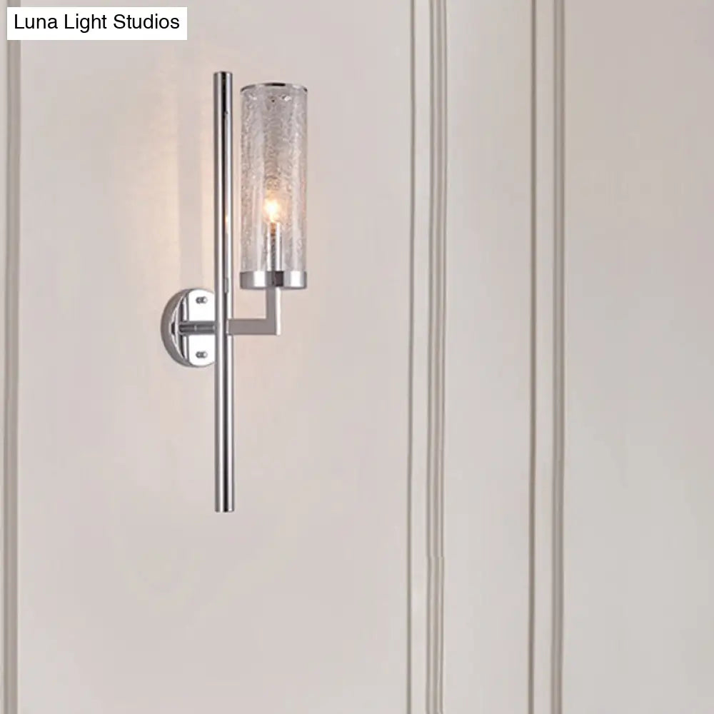Modern Metal Armed Wall Lamp With Crackle Glass Shade - Chrome Sconce Light Fixture