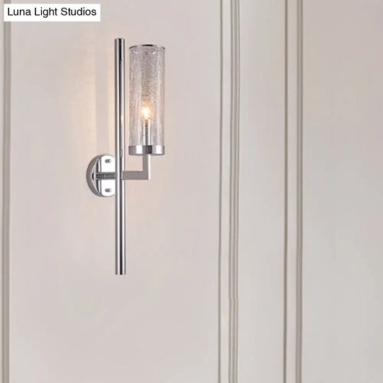 Modern Metal Armed Wall Lamp With Crackle Glass Shade - Chrome Sconce Light Fixture