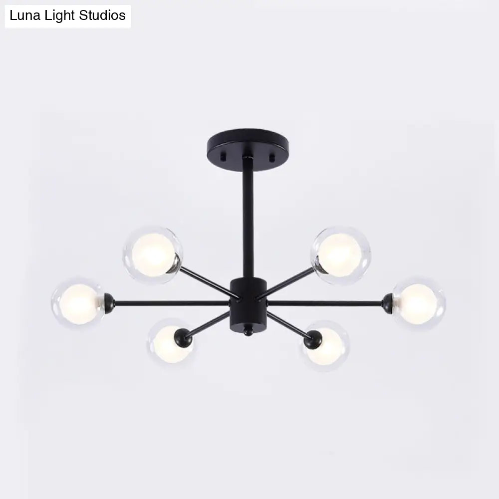 Modern Metal Burst Chandelier Light - 6 Lights Black Clear Glass Shade