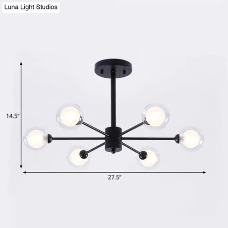 Modern Metal Burst Chandelier Light - 6 Lights Black Clear Glass Shade