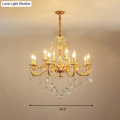 Modern Metal Candle Chandelier: 8/10/12 Light Brass Pendant With Crystal Draping