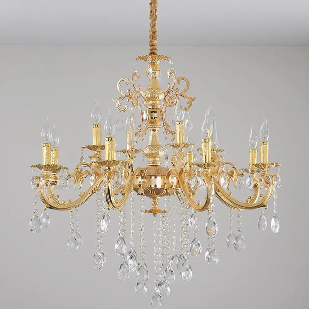 Modern Metal Candle Chandelier: 8/10/12 Light Brass Pendant With Crystal Draping 10 /