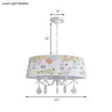 Modern Metal Chandelier With Drum Shade And Clear Crystal Accents White Pendant Light For Dining