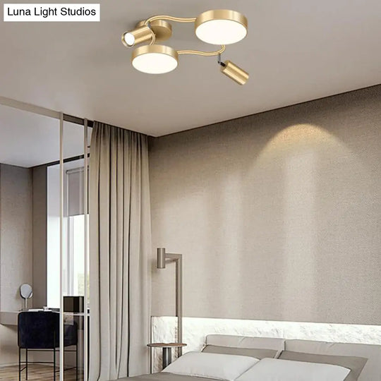 Modern Metal Circular Semi Flush Mount - 4-Bulb Gold Ceiling Lighting For Bedroom