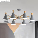 Modern Metal Cone Chandelier With 8 Bulbs - Stylish Pendant Light Fixture For Living Room Wood Cork