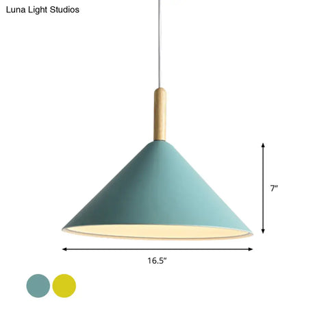 Modern Metal Cone Hanging Pendant Light 1-Light Yellow/Blue 12.5’/16.5’ Dia