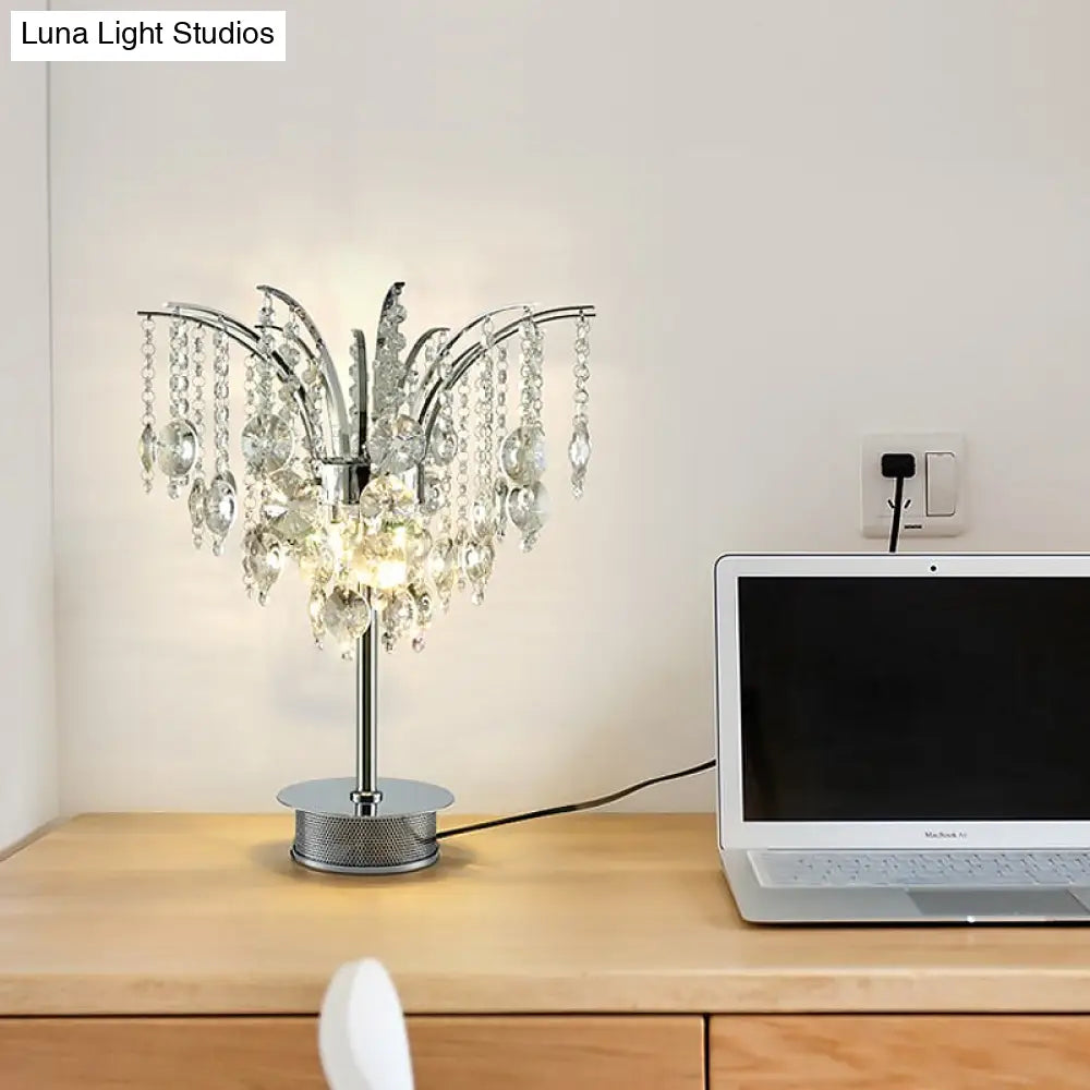 Modern Metal Curved Arm Desk Lamp With Chrome Finish And Crystal Bead Accents