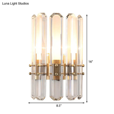 Modern Metal Cylinder Wall Sconce Light With Clear Crystal Prism Golden Finish 2 Bulbs Ideal For