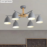 Modern Metal Dome Hanging Chandelier With Wood Arm - 3/6 Lights Green/Grey/White