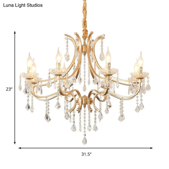 Modern Metal Flameless Candle Pendant Chandelier With Crystal Beads In Gold - 6/8 Heads Hanging Lamp