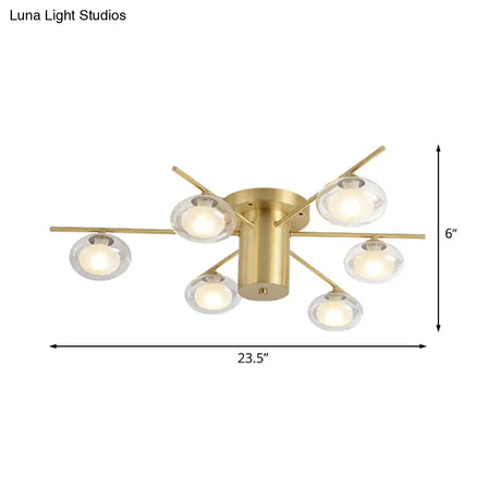 Modern Metal Flush Mount Ceiling Light With Oval Clear Glass Shade - 6 Head Brass Led