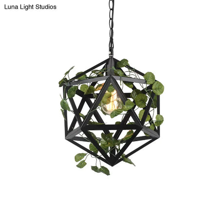 Modern Metal Geometric Pendant Light With Fake Vine Ideal For Restaurants Ceiling Mount Black Finish