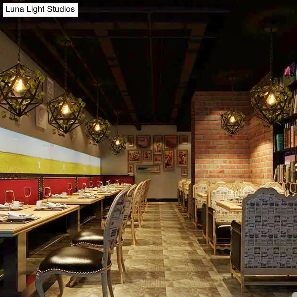 Modern Metal Geometric Pendant Light With Fake Vine Ideal For Restaurants Ceiling Mount Black Finish