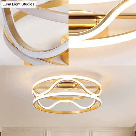Modern Metal Gold Drum Flush Mount Ceiling Light – Led Fixture For Bedroom Warm/White