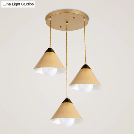Modern Metal Hanging Pendant Lamp With 3 Conical Black And Gold Heads - Round/Linear Canopy